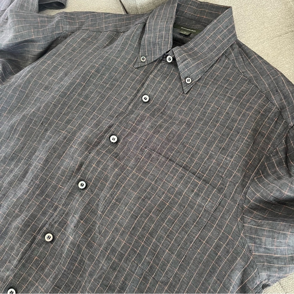 Ermenegildo Zegna Mens Size Medium Button Up 100% Linen Shirt Plaid Long Sleeve